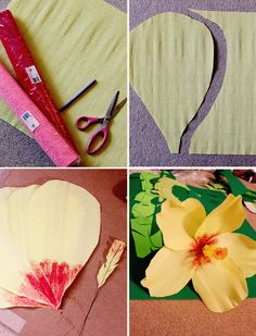 four different pictures with flowers cut out of paper, scissors and other crafting supplies