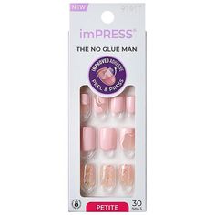 The NO GLUE Mani! For smaller fingers & narrower nail beds comes a petite press-on nail from imPRESS. Gel nails look & feel like your natural nails, and no glue is needed. With comfort fit and NEW & IMPROVED Adhesive.With our revolutionary PureFit Technology, imPRESS Press-On Nails are slimmer than most press-ons and super comfortable. These specially designed fake nails come ready to wear with no polish required and no drying time. Just Press On and GO. Made in China(Adhesive, Prep Pad) and Kiss Nails Kit, Short Coffin Nails Designs, 30 Nails, Easy Manicure, Nail Beds, Impress Nails, Kiss Nails, Fantasy Nails, Nail Tape