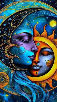 a painting of two faces in the shape of a sun and moon with stars around them