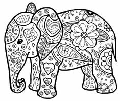 an elephant with flowers and hearts on it's trunk, coloring pages for adults