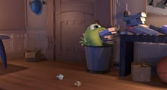 a cartoon frog sitting in a trash can with books on the floor next to it