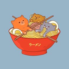 two cats are sitting in a bowl of noodles with chopsticks on the side