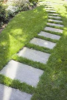 a stone path in the grass between two trees