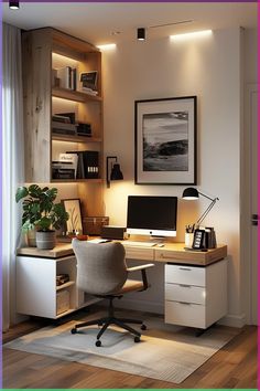 a home office with a desk, chair and bookshelf on the wall above it