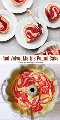 red velvet marble pound cake with swirly icing on the top and bottom, ready to be eaten