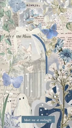 a collage with flowers, butterflies and words on it that say lady o'the moon