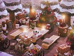 an animated christmas scene with presents, candles and gifts on the table in front of a decorated tree