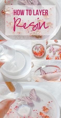 how to layer resin on paper plates with glitter and butterfly decorations for kids's crafts