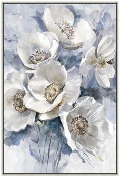 some white flowers are in a vase on a blue and white table cloth with watercolor paint