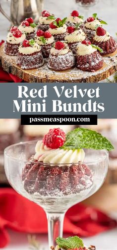 red velvet mini bundts with whipped cream and raspberries in the middle