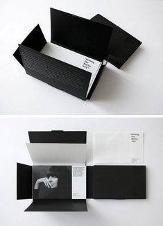 an open black and white brochure showing the inside of it's box