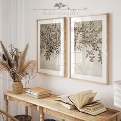 there are two framed pictures on the wall next to a table with books and plants