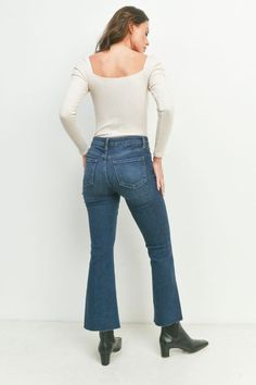 CROPPED FLARE JEANS IN DARK WASH DENIM 9.5" RISE, 27" INSEAM, 9" OPENING