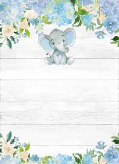 an elephant is sitting in the middle of blue and white flowers on a wooden background