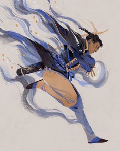 an artistic painting of a woman running with her hair blowing in the wind and wearing blue