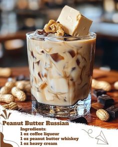 an advertisement for peanut butter russian coffee with chocolate chunks and marshmallows on the side