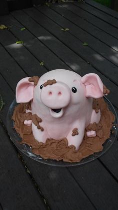 a pig cake sitting on top of a glass plate with chocolate frosting and icing