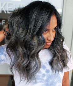 Black Hair with Babylights Black Hair With Silver Streak, Streaks In Black Hair, Black Hair Silver Highlights, Hair Silver Highlights, Highlights For Gray Hair, Grey Streaks, Gray Hair Solutions, Gray Highlights, Platinum Hair Color