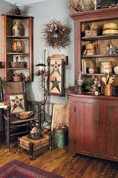 a room filled with lots of wooden furniture and decor on top of it's shelves