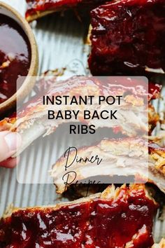 instant pot baby back ribs with bbq sauce in the background and text overlay that reads instant pot baby back ribs