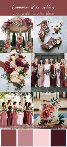 wedding color palettes for the bride and groom in burgundy, pink, white and gold