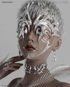 a woman with silver hair and white makeup