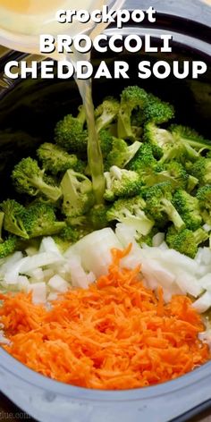 broccoli, shredded carrots and cheese in a crockpot with text overlay