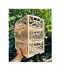 a person holding up a wooden box with intricate carvings on the sides and sides, in front of some trees