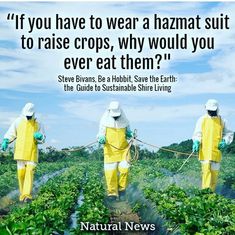 three people in yellow suits spraying pesticides on plants with the caption if you have to wear a hazmat suit to raise crops, why would you ever eat them?