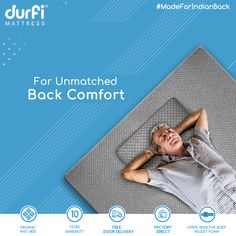 a man laying on top of a mattress with the words for unmatched back comfort