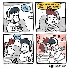 a comic strip with an image of a man talking on the phone and another person holding a video game controller