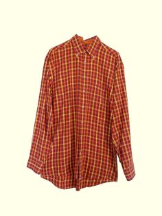 "Vintage shirt by the brand Seiden Sticket with longs sleeve and collar cut. It features a red, orange and yellow check pattern. Made from quality cotton fabric. A classic unisex cut shirt with a colorful warm tone pattern to add to your collection. Pair with some vintage denim for a casual look. No noticeable flaws, excellent used condition. Measurements: ▪ Shoulder to shoulder: 20\"/ 52cm ▪ Underarm to underarm: 27\"/ 69cm   ▪ Shoulder to bottom: 29\"/ 74cm Tag reads size M Model   ▪ Μen's siz Orange Long Sleeve Shirt For Fall, Fall Gingham Cotton Shirt, Orange Fall Shirt With Button Closure, Fall Orange Shirt With Button Closure, Yellow Long Sleeve Flannel Shirt For Fall, Classic Orange Tops For Fall, Classic Orange Top For Fall, Long Sleeve Gingham Shirt With Button Closure, Fitted Red Flannel Shirt For Fall