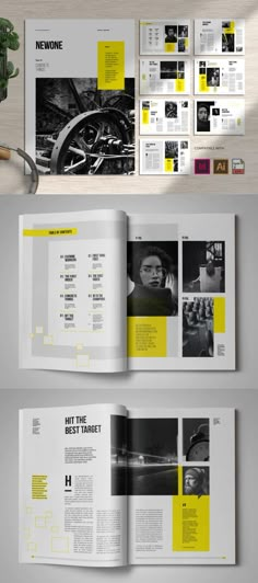 an open magazine is shown with yellow and black accents on the pages, as well as photos