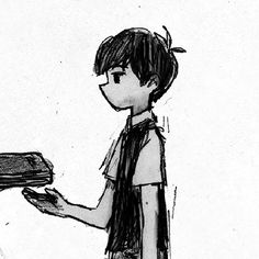 a black and white drawing of a boy holding a tray of food in his hand