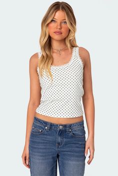 Lover Girl Printed Tank Top – edikted Stretch Cotton Printed Tops, Printed Stretch Cotton Tank Top, Stretch Cotton Printed Tank Top, Cute Fitted Printed Top, Casual Polka Dot Tank Top, Printed White Tank Top, Trendy Fitted Tank Top With Lace Trim, Casual Printed Scoop Neck Tops, White Printed Camisole Top