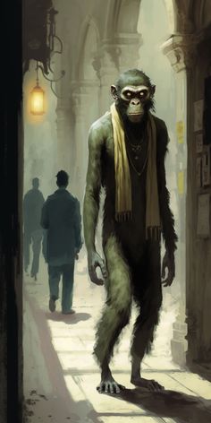 a man in a gorilla suit walking down a street next to a person with a scarf around his neck