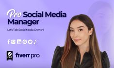 a woman with long hair standing in front of a purple background that says, pro social media manager lets take social growth