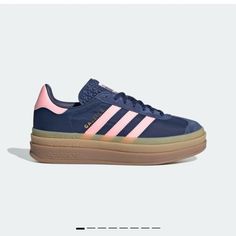 pink & navy adidas gazelles. gum bottom Navy And Pink Adidas, Addidas Shoes Pink, Adidas Shoes Gazelle, Adidas Bold, Adidas Gazelle Pink, Adidas Gazelle Outfit, Pink Gazelles, Light Pink Shoes, Adidas Gazelles