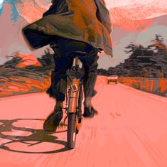 Painting of someone riding a bike from behind. The person pedaling has their head cut out of the frame as the image is a close up of their legs. Bike, Twitter, Art