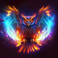 an owl sitting on top of a colorful background