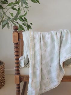 a blanket on a chair next to a potted plant