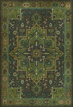 a green rug with an ornate design on the bottom and sides, in various colors