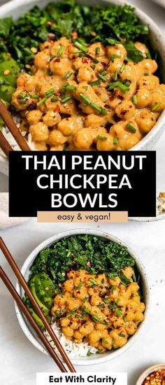 thai chicken bowls with chopsticks in them and the title reads, eat with clarify