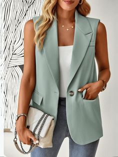 Sage Suit Vest Women, Sleeveless Blazer Vest, Sleeveless Blazer, Sleeveless Suit, Suit Jackets For Women, Pockets Fashion, Casual Vest, Casual Cardigans, Blazer Vest