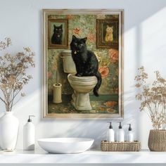 a black cat sitting on top of a toilet in a bathroom next to vases