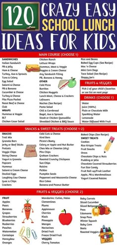 a poster with the words crazy easy school lunch ideas for kids