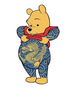 a winnie the pooh character holding a dragon tattoo on it's arm and chest