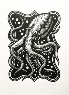 an ink drawing of an octopus in black and white