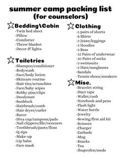 the summer camp packing list is shown in black and white, with stars on it