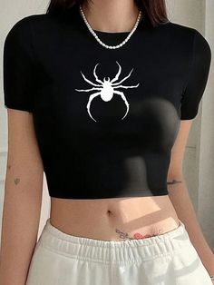 Y2k Spinnen Druck Freizeit T-shirt Schwarz Lässig  Kurzärmelig Stoff Tiere  Leicht-dehnbar Sommer Women Clothing, size features are:Bust: ,Length: ,Sleeve Length: Tops For Women Y2k, Cute Black Crop Tops, Aesthetic Long Sleeve Shirts, Shein T Shirts, Cute Shirts For Women, Slytherin Clothes, Spiderman T Shirt, Spiderman Shirt, Crop Top Y2k